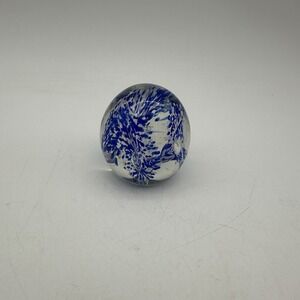 Vintage Art glass globe paperweight- cobalt blue & white Flower Bursts 2"